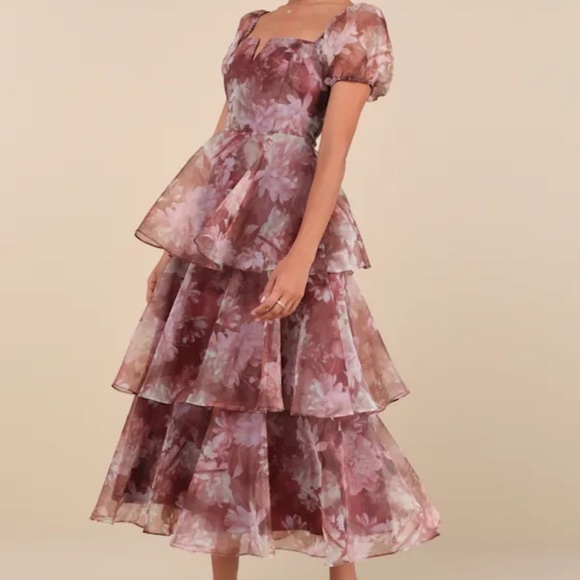 Lulus Dresses & Skirts - Floral Tiered Burgundy Dress